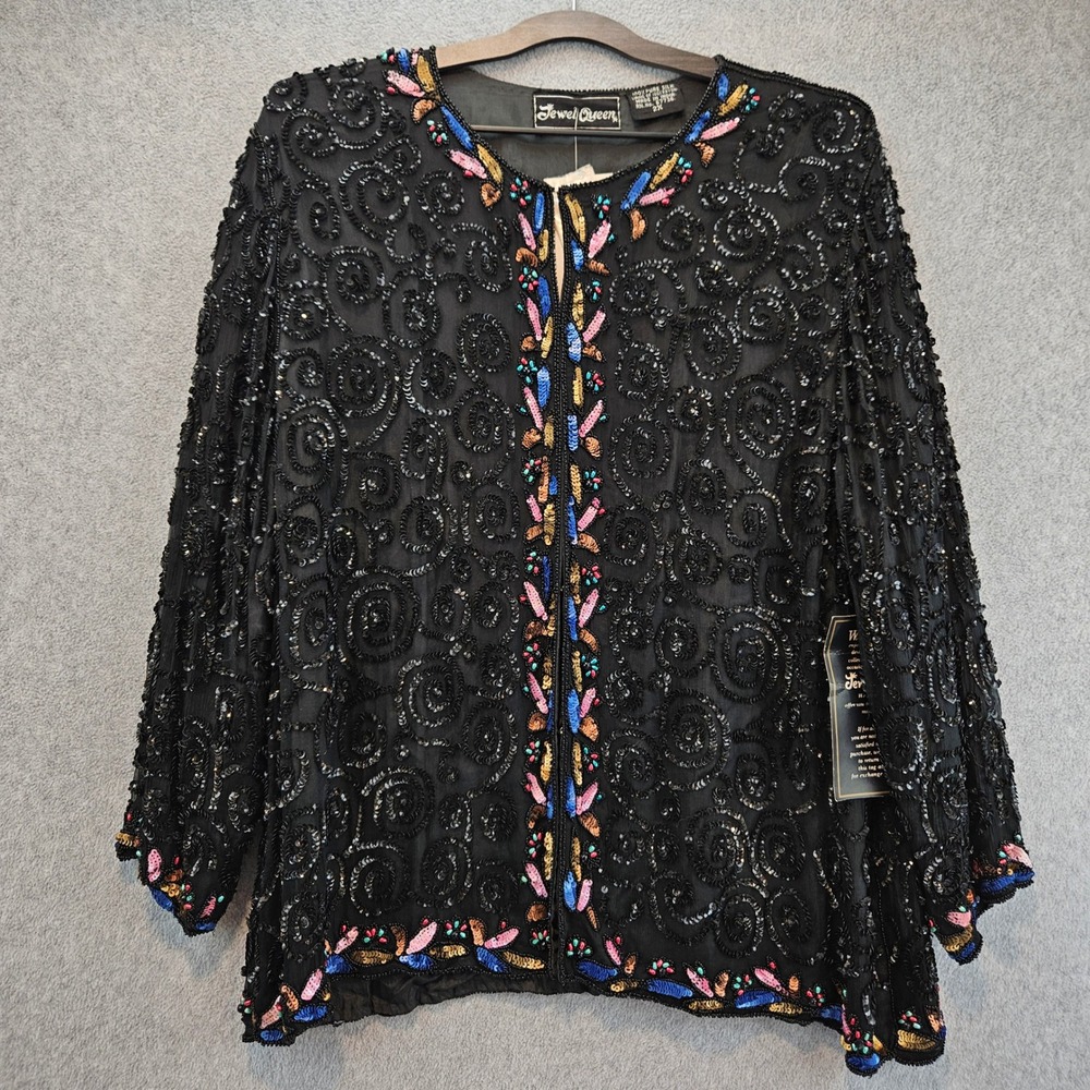 JEWEL QUEEN Sequin Jacket Women 2X Black Silk Beaded Evening Formal Glam Party